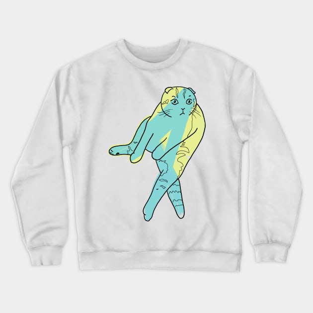 Scottish Fold Cat Sitting Blue/Green and Yellow Design Crewneck Sweatshirt by ursoleite